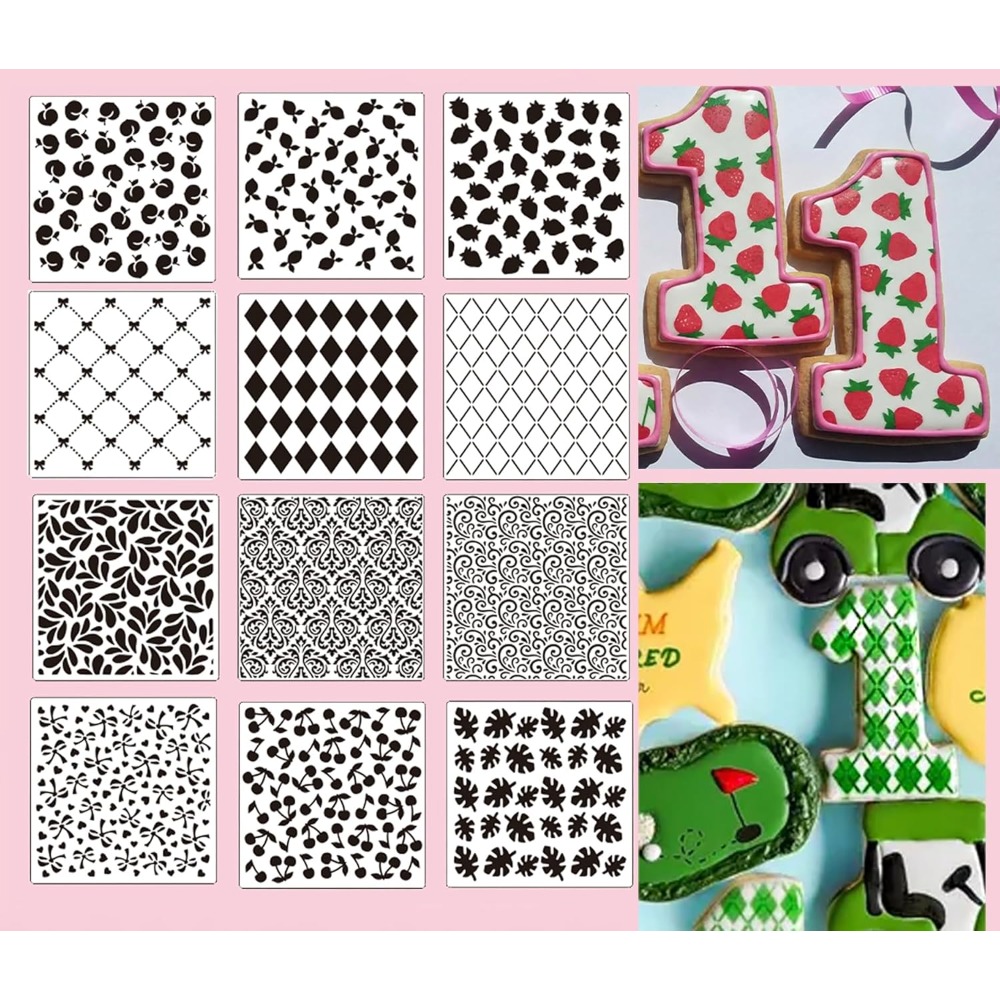 Cookies Pack - 12個入りクッキーステンシルセット 花柄・果物柄・幾何学模様 再利用可能なPET製中空ベーキングテンプレート DIYカードや家の装飾に
