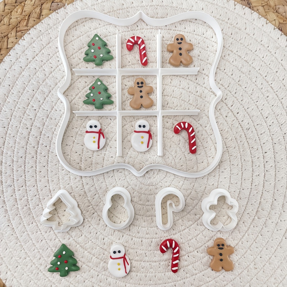 Cookies Pack - 6個入りクリスマスティックタックトーコッキーカッターセット、ツリー、雪だるま、ジンジャーブレッドマン＆キャンディケーン型、DIYパーティーベーキングツール