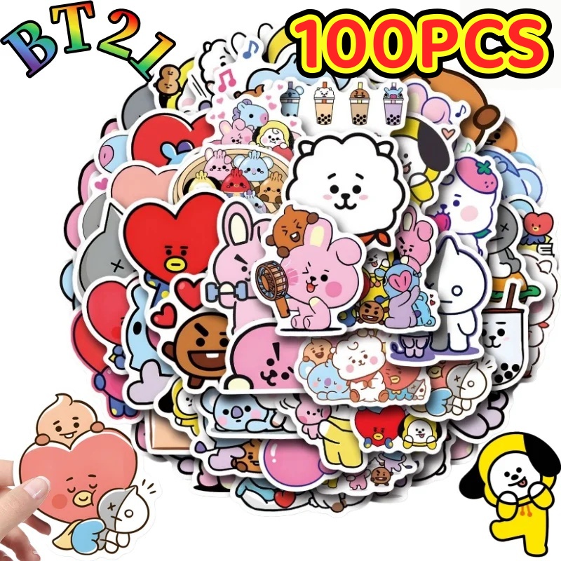 Cookies Pack - 100/200枚入り BT21 チミー、クッキー、コヤ、RJ、シューキー、マング ステッカー 高彩度の漫画印刷 クリエイティブな手帳装飾