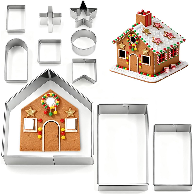 Cookies Pack - 10個入りジンジャーブレッドハウス型抜き型セット ステンレス製3Dビスケットカッター 3DジンジャーブレッドハウスDIYクッキー型作り用