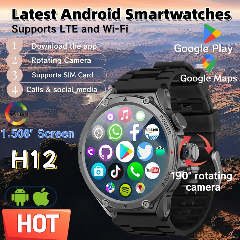 Seaweed Snack - 最新モデルH12スマートウォッチ4G SIMカードAndroid 180 ° 回転可能なカメラ Google