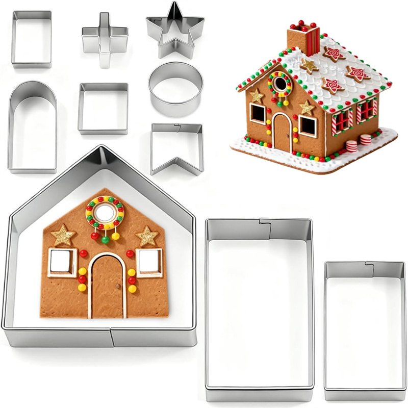 Cookies Pack - 3Dクリスマスジンジャーブレッドハウスクッキーカッターセット ステンレス製 漫画風スノーフレークビスケットカッター ドゥー・ドーナツ・フォンダンモールド