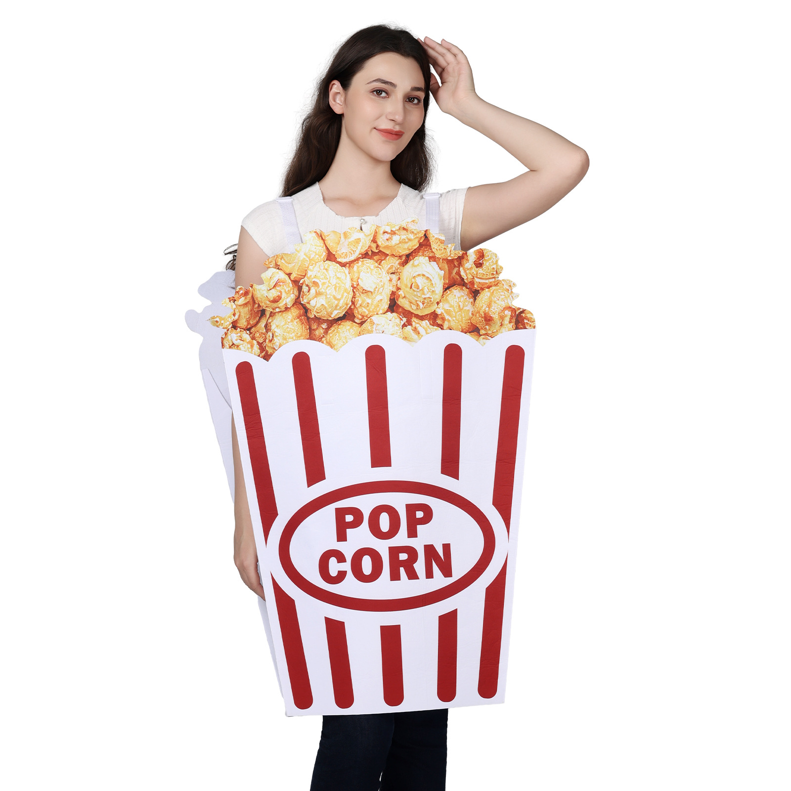 大人用ポップコーンボックスのコスチューム。面白い食べ物をモチ - Popcorn のレビューと価格